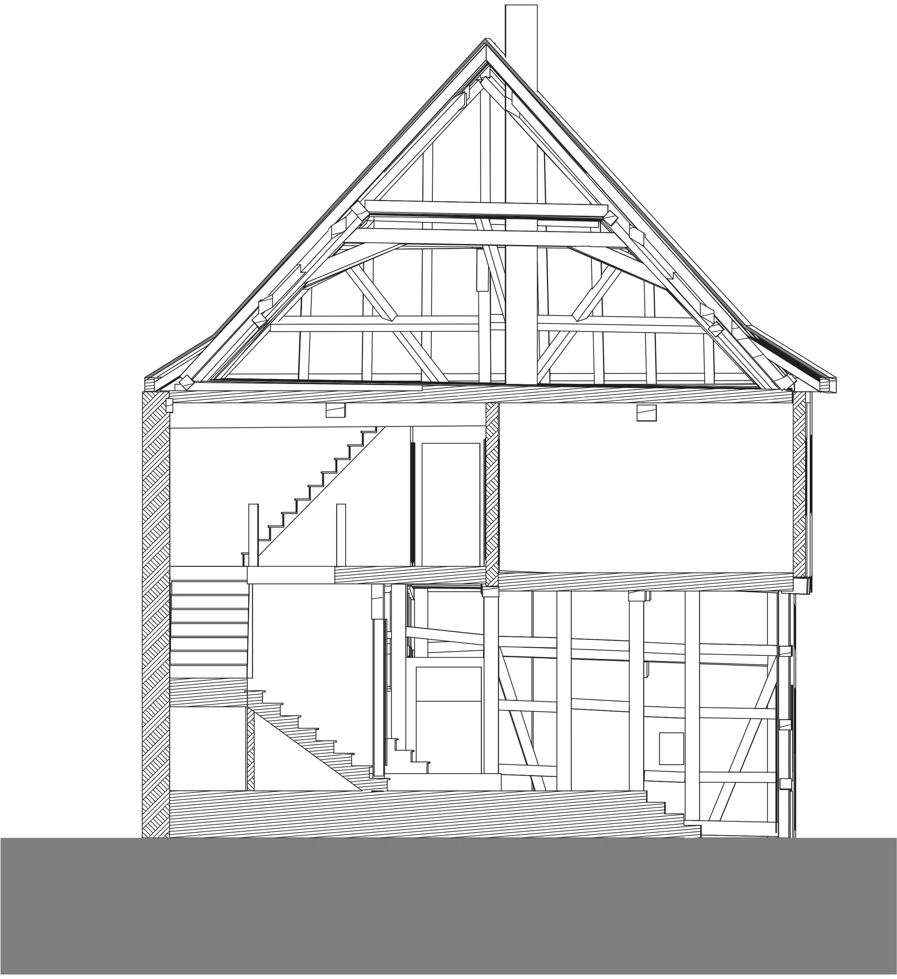 Gebäudeschnitt des Fachwerkhauses mit Dachstuhl, Geschossdecken und innenliegender Treppe