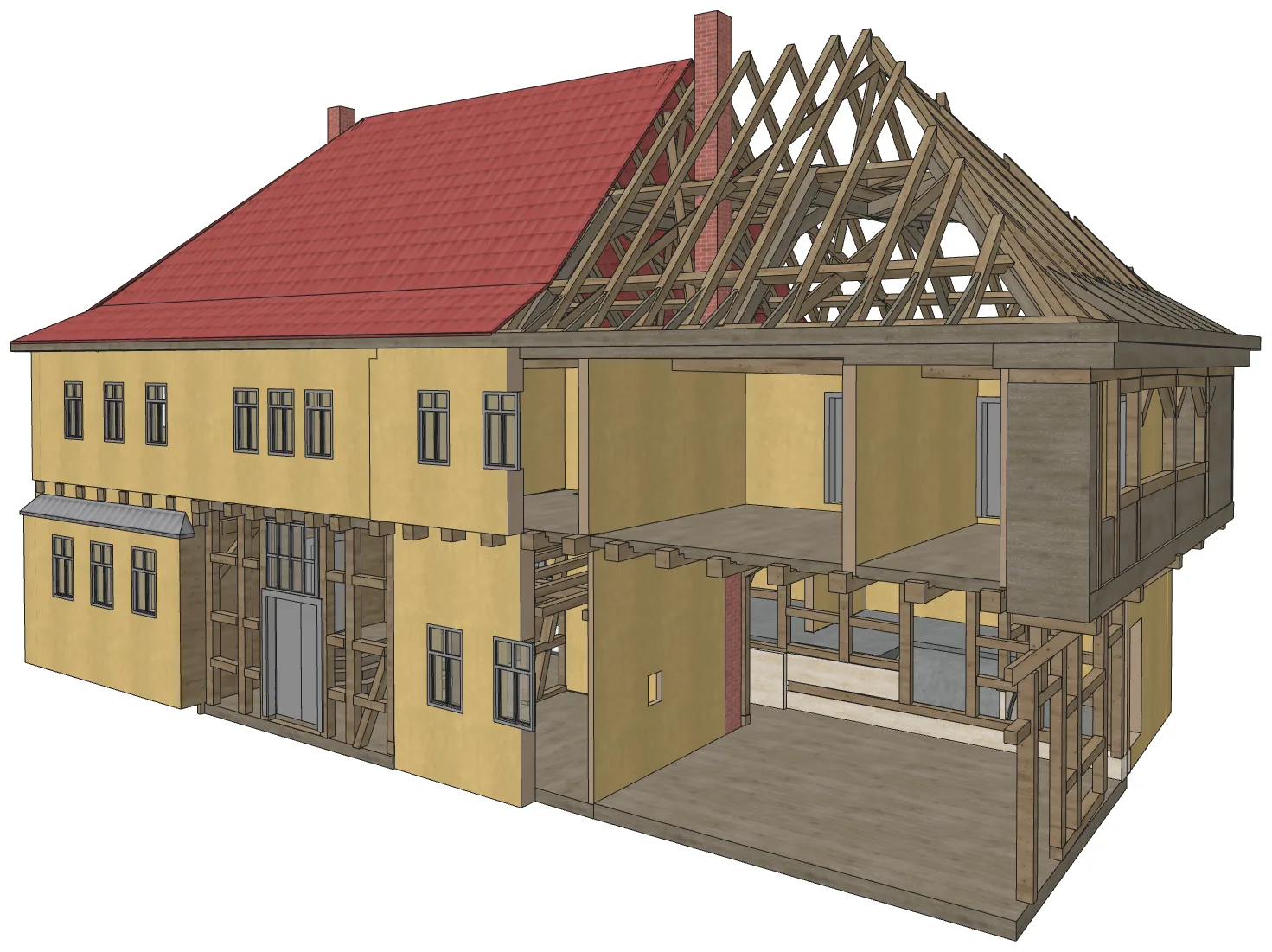 Bauteilorientiertes Archicad-Modell eines Fachwerkhauses, aufgeschnitten mit sichtbarem Dachstuhl