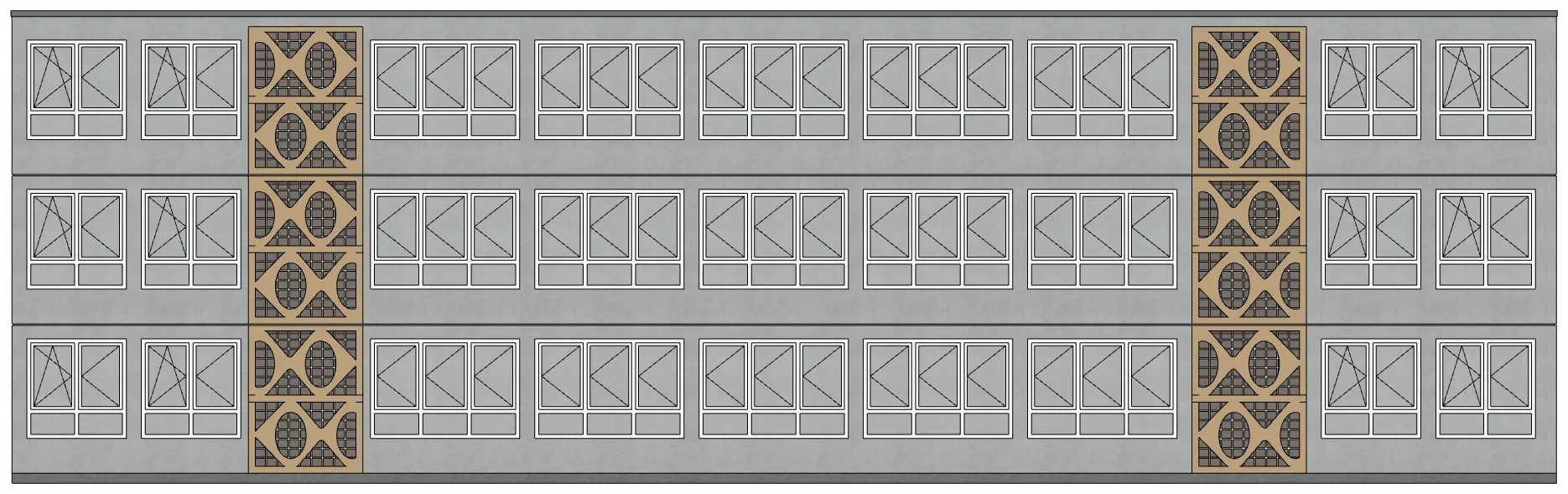 Fassadenansicht des Typenbaus aus dem Modell, drei Geschosse mit gerastertem Fensterband und zwei gemusterten Treppenhausachsen